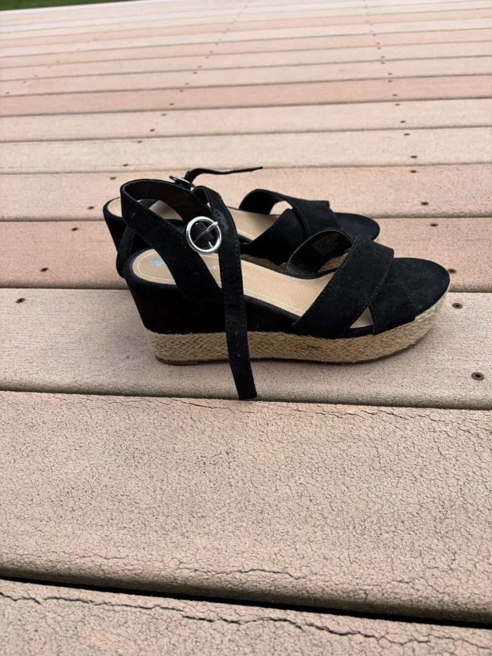 Big Buddha Black Faux Suede Espadrille Wedge Sandals Ankle Strap Women's 8